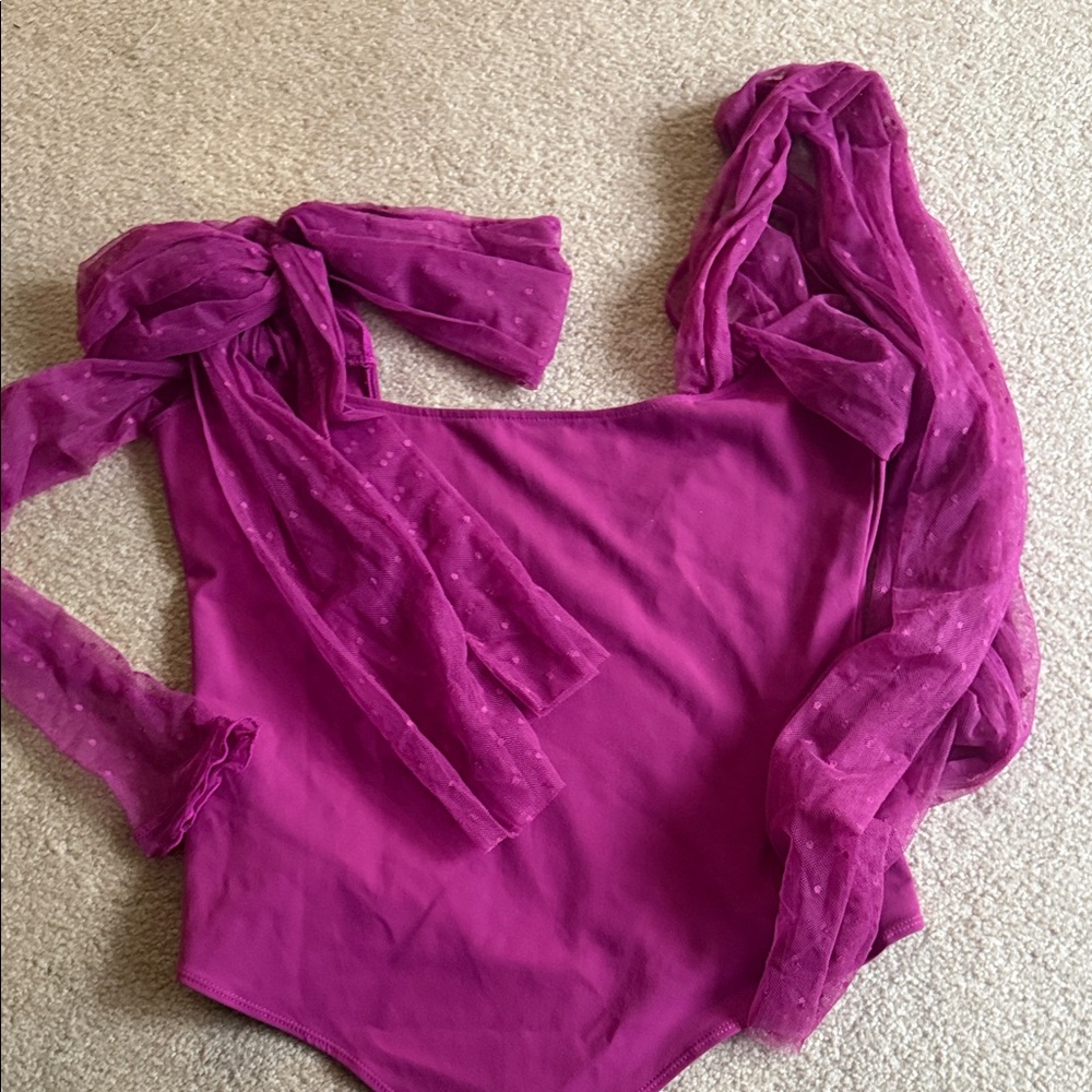 Sexy Purple dressy Bodysuit with Sheer Sleeves and sheer ties for shoulder.